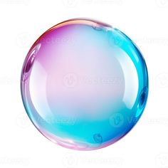 a blue and pink soap bubble on a white background with water droplets in the middle