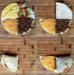 four burritos are arranged on a cutting board