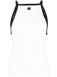 White Stretch Tops With Contrast Trim, White Stretch Top With Contrast Trim, White Fitted Top With Contrast Trim, Fitted White Top With Contrast Trim, White High Neck Cotton Top, Chic White Racerback Tank Top, Sporty High Neck Tank Top For Summer, Stretch Sleeveless Top With Contrast Trim, Chic Summer Tops With Contrast Trim