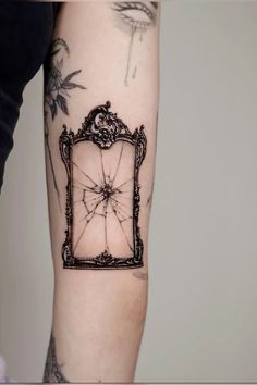 Old Frame Tattoo, Cloche Tattoo, Cracked Mirror Tattoo, Ornate Mirror Tattoo, Nihilism Tattoo, Framed Tattoo Ideas, Archway Tattoo, Fairytale Tattoo Ideas