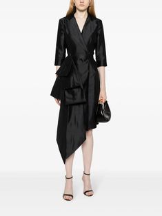 Saiid Kobeisy Belted Shantung Wrap Dress - Farfetch Black Belted Midi Dress For Semi-formal Occasions, Belted Dress With Cuffed Belts For Party, Elegant Short-sleeved Asymmetrical Dress For Formal Events, Elegant Asymmetrical Short Sleeve Dress For Formal Occasions, Elegant Formal Asymmetrical Dress With Short Sleeves, Belted Short Sleeve Wrap Dress For Party, Summer Formal Satin Wrap Dress, Formal Satin Wrap Dress For Summer, Formal Summer Satin Wrap Dress