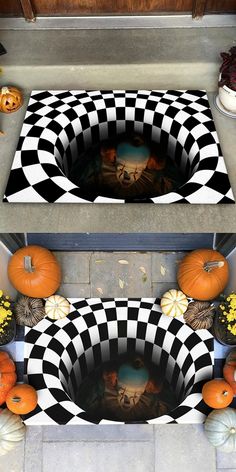 pumpkins and gourds on the ground in front of a black and white checkered door mat