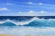 an oil painting of the ocean with waves crashing in to shore and blue sky above