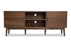 the sideboard is made from wood and has two doors, one with three holes on it