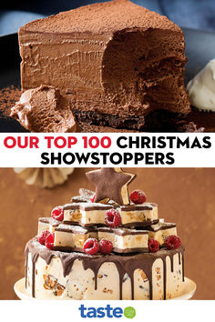 two different types of chocolate cake with the words our top 100 christmas showstoppers