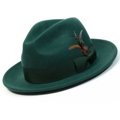 Upgrade your hat game with our Montique Emerald Lightfelt 2 ½" Wide Brim Wool Felt Pinch Hat featuring a stylish feather accent. Crafted from 100% wool, this hat boasts a sophisticated pinch crown design and a classic 2 1/2" brim. Complete with a grosgrain ribbon for added charm, this hat exudes elegance and style. With no lining, it's lightweight and comfortable for all-day wear.     Pinch crown design  Chic feather accent  Solid Color  Made from 100% wool  2 1/2" brim   Grosgrain ribbon   No l Green Fitted Felt Hat With Flat Brim, Green Fitted Flat Brim Felt Hat, Green Short Brim Felt Hat For Kentucky Derby, Classic Green Hat Bands For Winter, Classic Green Fedora With Short Brim, Classic Green Hat For Kentucky Derby, Vintage Flat Bill Hat For Kentucky Derby, Classic Green Fedora For Kentucky Derby, Classic Green Winter Hat