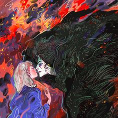 a painting of two people kissing in front of a black wolf