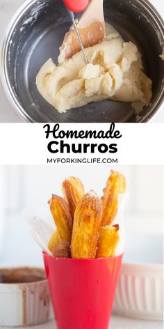 homemade churros in a red bowl with a wooden spoon and text overlay