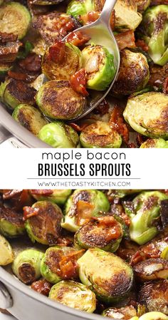 the brussel sprouts are being cooked in a pan with a spoon