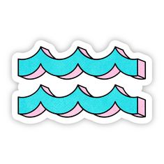 a blue and pink sticker with wavy waves on the bottom, in front of a white background