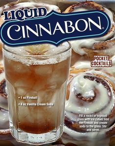 an advertisement for a frozen drink with cinnamon rolls in the background and a glass of ice tea