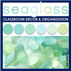 seaglass classroom decor and organization book with blue, green and white color palettes