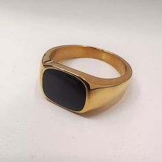 Handcrafted Men's Rectangular Black Onyx Gold Tone Signet Ring - Stone Dimensions: Rectangular 10*5 - Band New With Tags! - Limited Quanity -100% Authentic - Full Retail Package With All Accesories Modern Black Jewelry For Business, Masculine Black Jewelry For Gift, Black Polished Finish Jewelry For Business, Black Polished Jewelry For Business, Luxury Black Tarnish-resistant Ring, Luxury Black Signet Ring Tarnish Resistant, Adjustable Black Minimalist Signet Ring, Black Stainless Steel Business Jewelry, Luxury Adjustable Black Rings