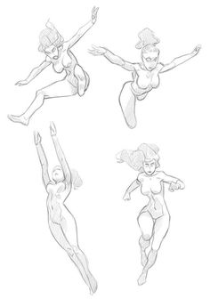 four different poses of a woman in the air with her arms outstretched and legs spread out