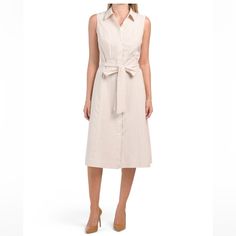 Color: Beige/White Nwt, Price Is Firm Seersucker Textured Fabric, Striped Pattern Sleeveless, Classic Collar, Shirt Dress 44in Long, Taken From Size 4 Button Front And Belt Closure Polyester/Cotton Imported Dry Clean Fitted Sleeveless Cotton Shirt Dress, Spring Casual Sleeveless Collared Dress, Chic Sleeveless Cotton Shirt Dress, Sleeveless Cotton Shirt Dress For Daywear, White Sleeveless Shirt Dress For Daywear, Sleeveless Cotton Shirt Dress, Collared Sleeveless Dress For Summer Workwear, Beige Sleeveless Dress For Spring Workwear, Beige Sleeveless Dress For Work In Spring