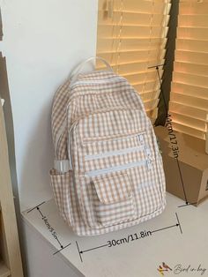 BirdinBag - Stylish Gingham Pattern Backpack for College, High School, and Travel Preppy Standard Backpack For Daily Use, Preppy Bags For Daily Use With Zipper Closure, Preppy Bags With Zipper Closure For Daily Use, Preppy White Bag For Back To School, Preppy White Bags For Back To School, Preppy White Back To School Bags, Preppy Rectangular Backpack For Travel, Preppy Rectangular Travel Backpack, Preppy Gingham Rectangular Bag