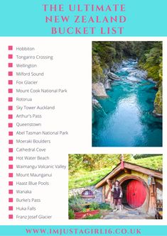 the ultimate new zealand bucket list with pictures and text overlaying it in pink