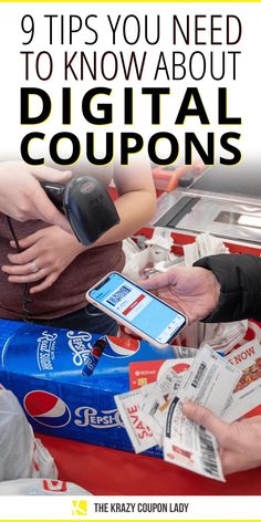 two people sitting at a table with cell phones and coupons in front of them text reads 9 tips you need to know about digital coupons