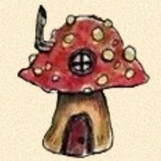 a drawing of a mushroom house with a knife sticking out of it