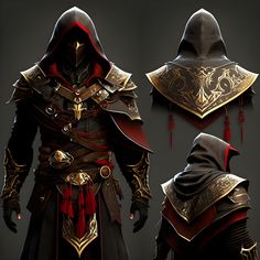 an image of a hooded suit with hoods and armor in different angles, including the headdress