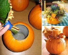 pumpkins are being used as vases for flowers and candles