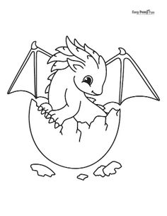 a drawing of a dragon hatched in an egg with its wings spread out and it's head sticking out