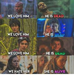 the walking dead characters are in different colors and font styles, with one saying he is dead