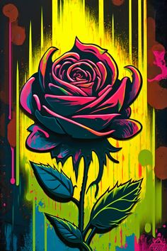 a painting of a pink rose with green leaves on a yellow and blue background,