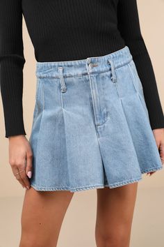 You'll always love your look in the Lulus Delightful Trend Light Wash Pleated Denim Mini Skirt! Sturdy woven denim shapes this flattering little skirt that has a high waist, belt loops, and a hidden zip fly with top button closure. Chic pleats line the skirt, which has front diagonal pockets and ends at a mini hem. Fit: This garment fits true to size. Length: Mid-thigh. Waist: Fitted - very fitted at natural waist. Hip: Not Fitted - fuller skirt allows room for hips. Fabric: Fabric has no stretch. Unlined. Shell: 100% Cotton. Pocket Lining: 90% Polyester, 10% Cotton. Hand Wash Cold. Do Not Bleach. Hang To Dry. Imported. Lulus | Delightful Trend Light Wash Pleated Denim Mini Skirt | Size X-Large | Blue | 100% Cotton. High Waist Denim Skirt For Spring, Fitted Denim Jean Shorts For Fall, Chic High Waist Denim Blue Mini Skirt, Chic Denim Mini Length Bottoms, High Rise Mini Skirt With Belt Loops, Fitted Medium Wash Jean Shorts For Fall, Casual Bottoms With Belt Loops, Mini Length, Chic High Waist Denim Blue Skort, Casual Mini Bottoms With Belt Loops