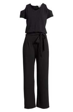 Cutouts at the shoulders add a modern touch to this comfortable stretch-enriched jumpsuit tethered at the waist by a sash. Scoop neck Cold-shoulder short sleeves Removable sash 90% polyester, 10% spandex Dry clean Made in the USA Belted Strapless Jumpsuit For Workwear, Chic Belted Strapless Jumpsuit For Work, Elegant Strapless Jumpsuit For Loungewear, Chic Black Belted Jumpsuits And Rompers, Chic Black Jumpsuit With Tie Waist, Casual Belted Jumpsuits And Rompers For Night Out, Chic Strapless Jumpsuit With Tie Waist, Black Casual Strapless Jumpsuit For Work, Elegant Jumpsuits And Rompers With Tie Waist