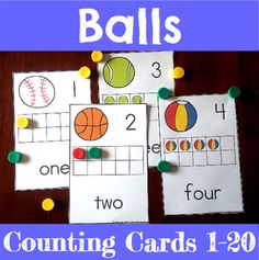 three cards with numbers and balls on them