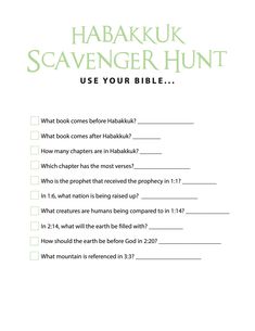 FREE Habbakuk Bible Scavenger Hunt - Children's Ministry Deals Bible Scavenger Hunt, Bible 101, Bible Games For Kids, Youth Bible Lessons, Youth Bible Study, Childrens Ministry Curriculum, Bible Worksheets, Kids Sunday School Lessons, Learn The Bible