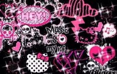 pink and black wallpaper with hello kitty images