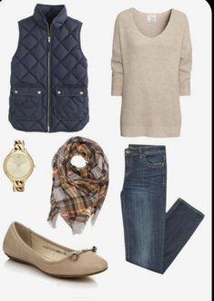 Cute Outfits With Scarfs, Navy Vest Outfits For Women, Beige Sweater Outfit Winter, Preppy Outfits For Women, Navy Vest Outfit, Plaid Sweater Outfit, Beige Sweater Outfit, Navy Vest, Plaid Blanket