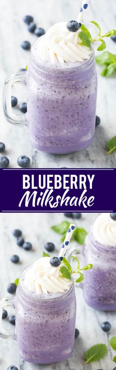 blueberry milkshake with whipped cream and fresh berries