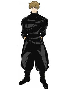 an anime character with blonde hair and black clothes, standing in front of a white background