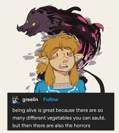 an image of a cartoon character with the caption's text below it that reads, ` ` person follow being alive is great because there are so many different vegetables you can suite