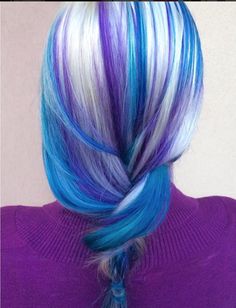 White blonde, purple and blue by Rachel at Avante on Main Street Salon, Exton PA Silver Purple Blue Hair, Purple White Hair, Turquoise Hair Dye, Teal Hair Dye, Vivid Highlights, Blonde And Blue Hair, Maroon Hair, Baked Steak, Best Hair Dye