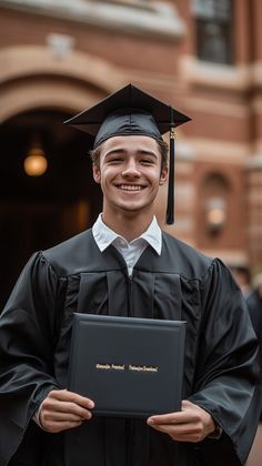 a man in graduation cap and gown holding a book outside an old building smiling for the camera