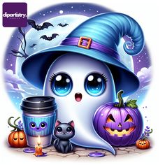 a halloween ghost with two cats and a cup