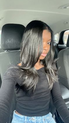 Relaxed Hair Layers, Silk Press Haircut, Silk Press Layers, Dark Brown Silk Press Natural Hair, Layered Silk Press, Layered Silk Press Natural Hair, Thick Hair Silk Press, Silk Press With Layers, Curly Silk Press