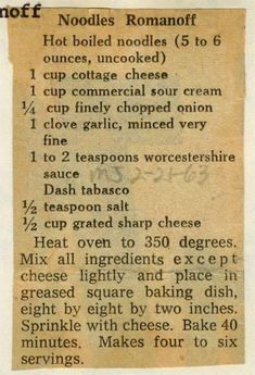 an old recipe for noodles with instructions on how to make it