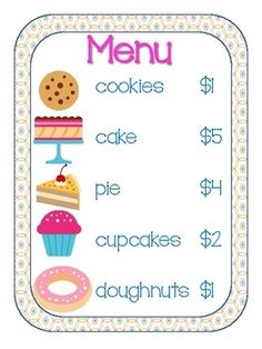 a menu with donuts, cookies and pies on it