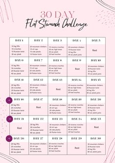 the 30 day flat stomach challenge is shown in pink and white with black dots on it