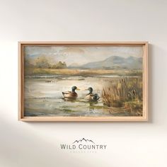 an oil painting of two ducks swimming in a lake with mountains in the background and wild country logo below