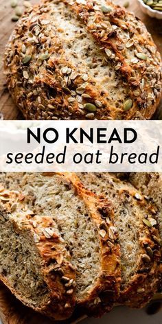 no knead seeded oat bread on a cutting board with the text overlay