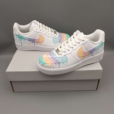 Upgrade your sneaker game with the Nike Air Force 1 Ice Cream Multicolor Drip Custom. Combining style and comfort, this shoe features a unique custom design that will make you stand out from the crowd. Step into a colorful and delicious world with each step you take. ★ Brand new with box ★ Each pair is unique and one of a kind ★ Each pair is personally handmade, painted with high quality Angelus. ★ Leather acrylic paint. Topped with a clear coat for extra protection. ★ Available in all sizes inc 12th Man, Sneaker Games, Clear Coat, Nike Air Force 1, Air Force 1, Nike Air Force, Acrylic Paint, Air Force, Nike Air