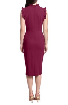 A cap sleeve woven sheath dress features a frilly ruffled trim on the neckline. . Ruffled mock neck. Cap sleeves. Hidden back zip closure. Solid. Woven construction. Imported Office Sheath Midi Dress With Ruffles, Midi-length Ruffled Bodycon Dress For Work, Ruffled Midi Bodycon Dress For Work, Midi Bodycon Dress With Ruffles For Work, Sheath Midi Dress With Ruffles For Work, Knee-length Ruffled Bodycon Dress For Work, Ruffled Sheath Bodycon Dress For Work, Sheath Bodycon Dress With Ruffles For Work, Chic Ruffled Bodycon Dress For Work