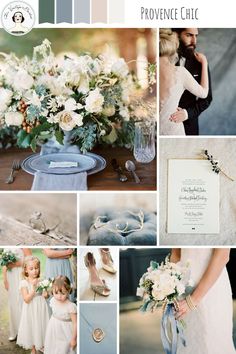 a collage of photos with white flowers and greenery in the center, wedding details on