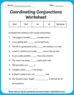 worksheet for conjunctions with words and pictures